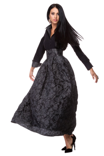 Black taffeta shirt with gray floral lining WSH-0007